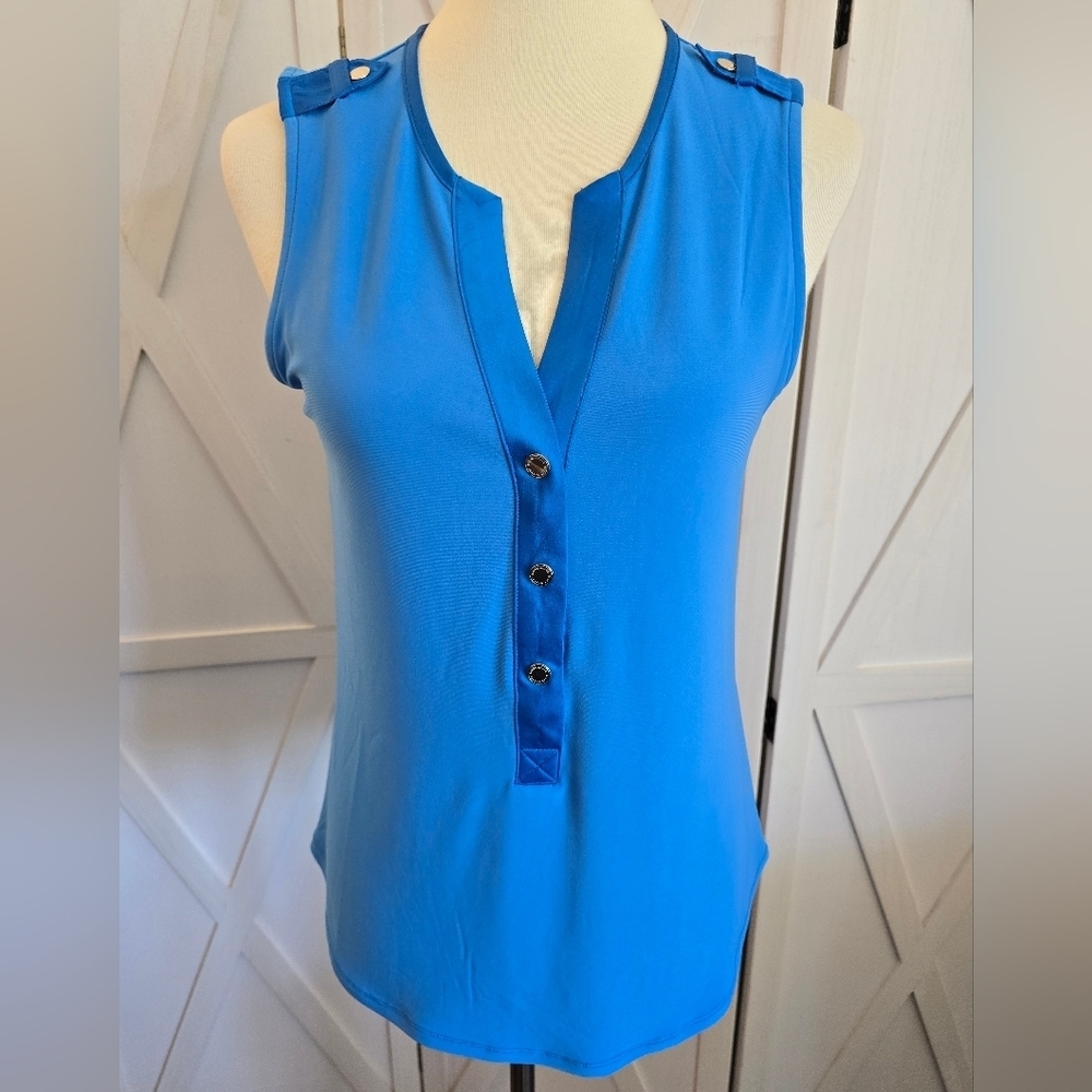 WHBM Sleeveless Blue V-Neck Adorned with Gold-Toned Buttons